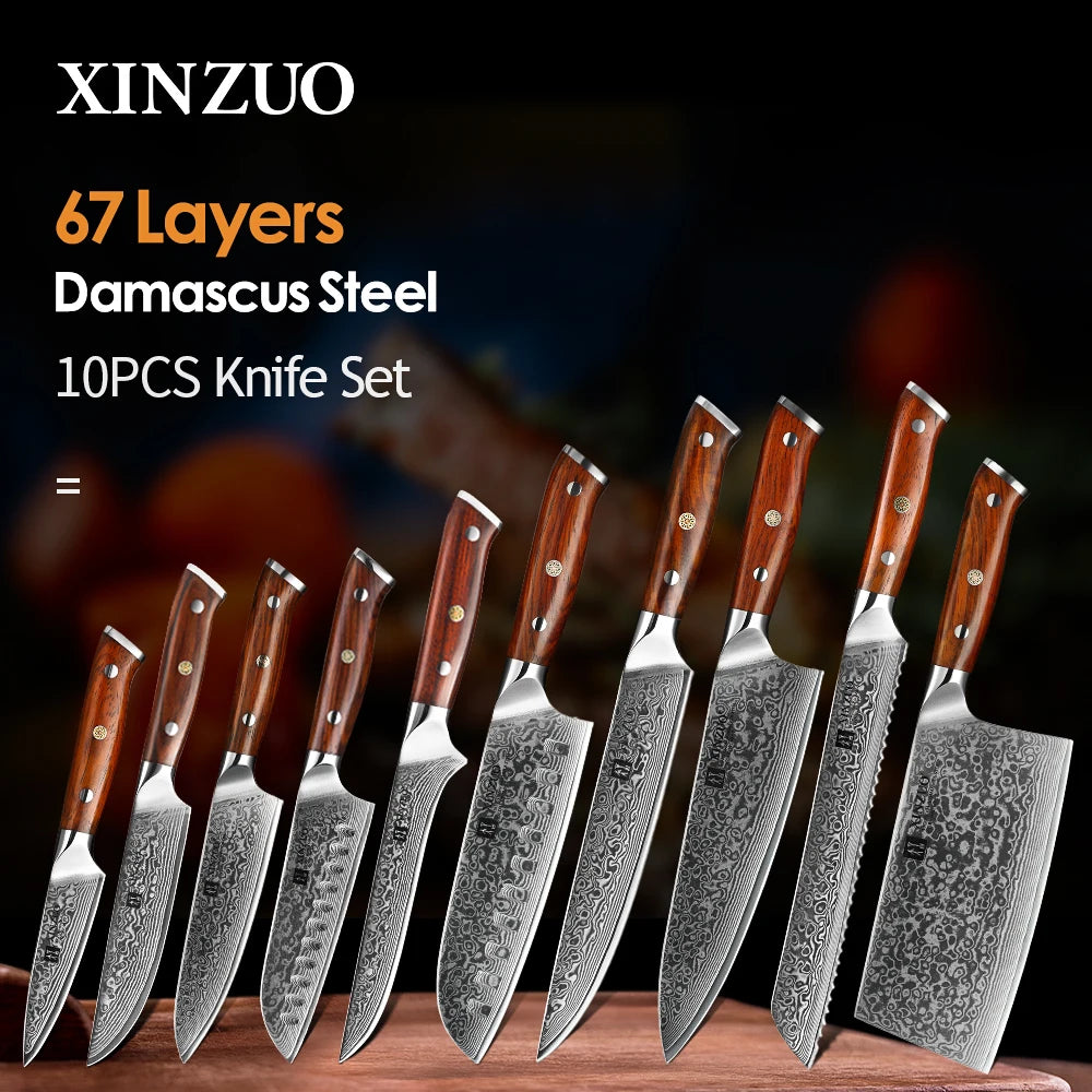 Bộ dao 10 chiếc thép Damascus 67 lớp, lưỡi dao họa tiết, cán gỗ nâu sáng bóng.