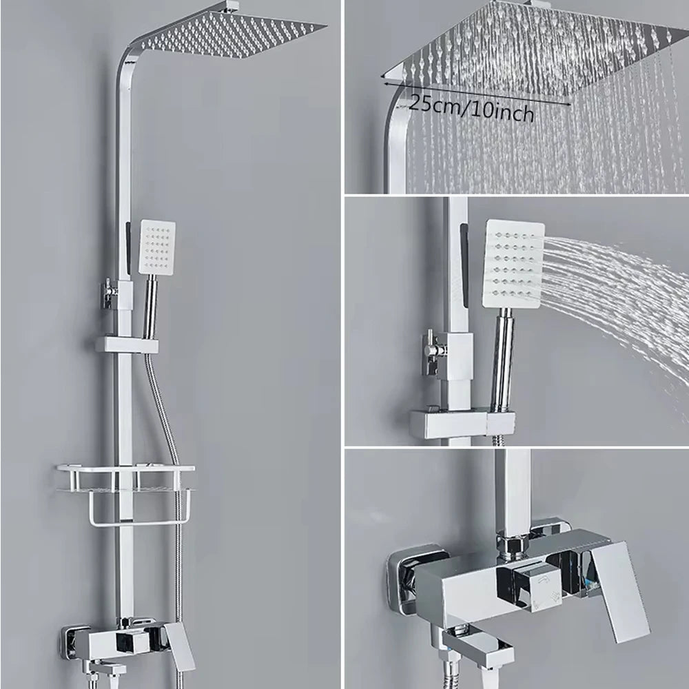 Chrome Brass Shower Faucet Set Rainfall Bathtub Tap With Bathroom Shelf 4 Function Height Adjust Shower Mixer Crane Fast Delivey