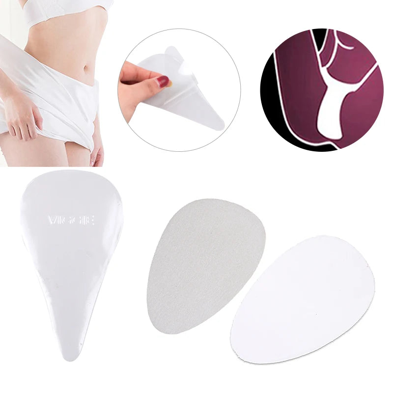 Miếng dán màu trắng hình giọt nước, có hình minh họa cách sử dụng và người mẫu mặc đồ lót.