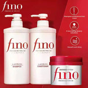 Hai chai Fino trắng, chữ đỏ trên nền đỏ, một hộp đỏ, biểu tượng chăm sóc tóc.