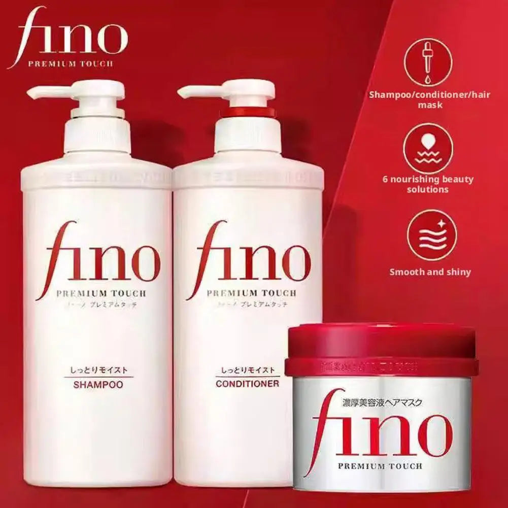 Hai chai Fino trắng, chữ đỏ trên nền đỏ, một hộp đỏ, biểu tượng chăm sóc tóc.
