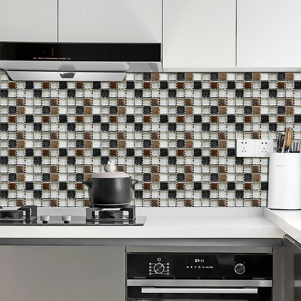 10pcs Flat Mosaic Style Tiles Sticker Kitchen Bathroom Waterproof &amp; Oilproof Art Wall Sticker Peel &amp; Stick Surface Glossy Film
