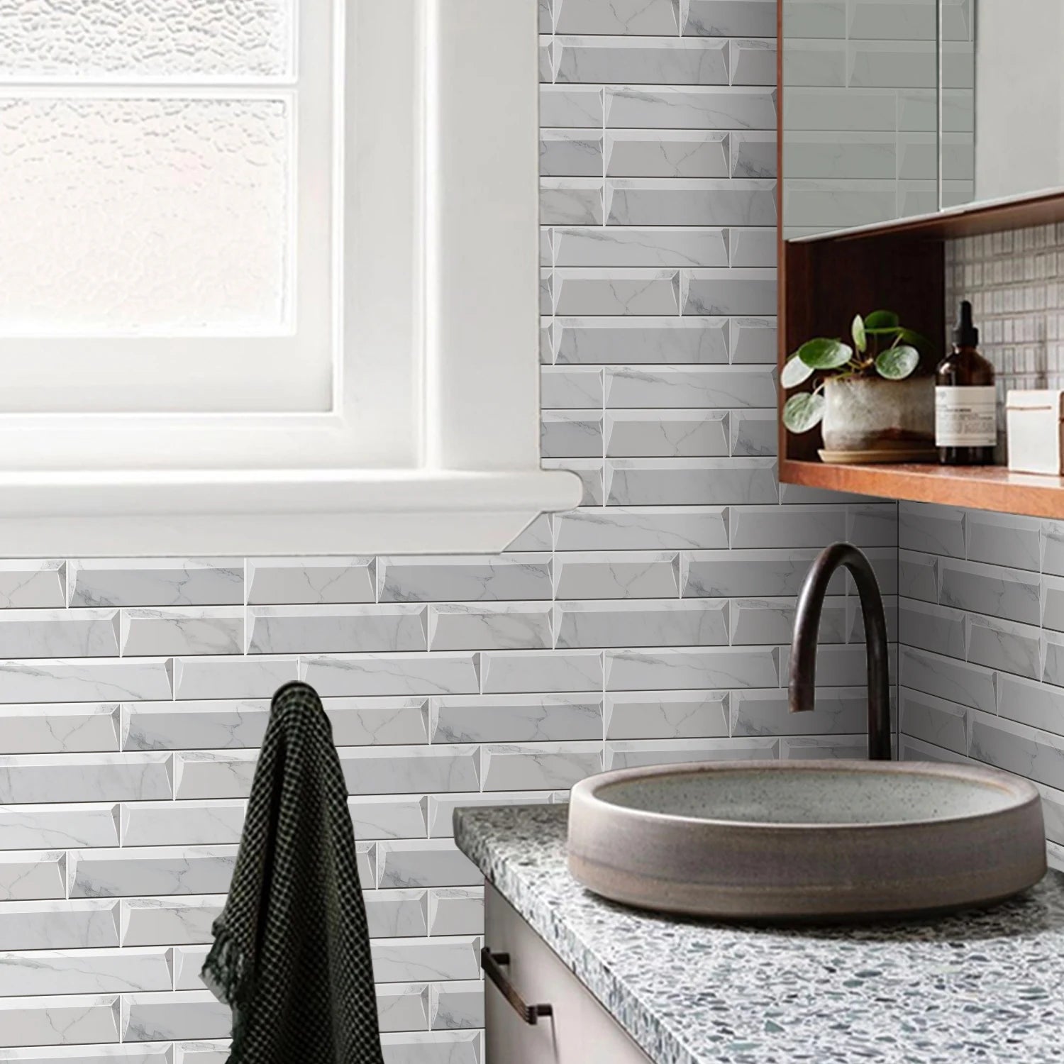 Waterproof Self Adhesive Removable 3D DIY Modern Grayish White Marble Tile Wall Sticker Bathroom Kitchen Cupboard Home Decor