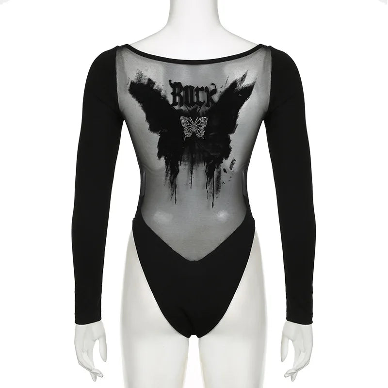 Goth Dark Mall Gothic Mesh See Through Butterfly Print Skinny Bodysuits Sexy Backless V-neck Overalls Y2K Grunge Street Bodysuit