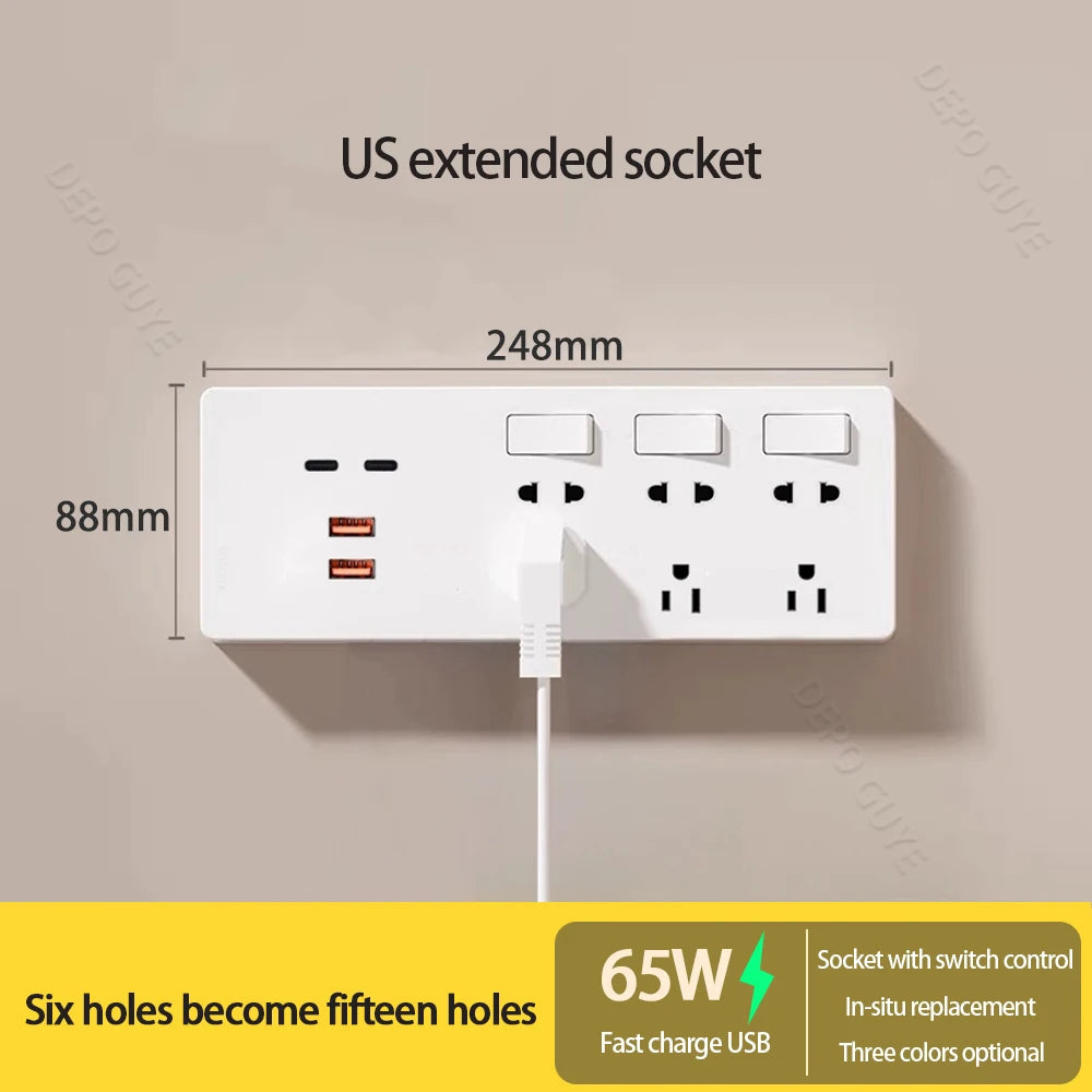 Ổ Cắm Nhanh 65W Đa Năng 5 Lỗ USB Chuẩn Mỹ-Mexico