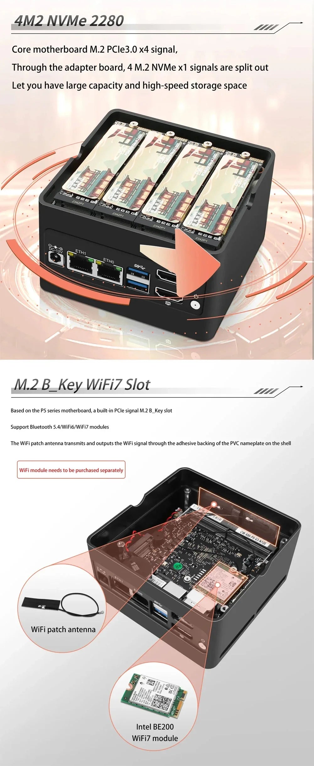 Hot 4 x NVMe Mini NAS Server 4 Bay NAS N100 i3 N305 Pocket PC with Dual LAN,Dual HDMI 2.0,USB3.2 Gen2,Support BT5.4/WiFi6/WiFi7