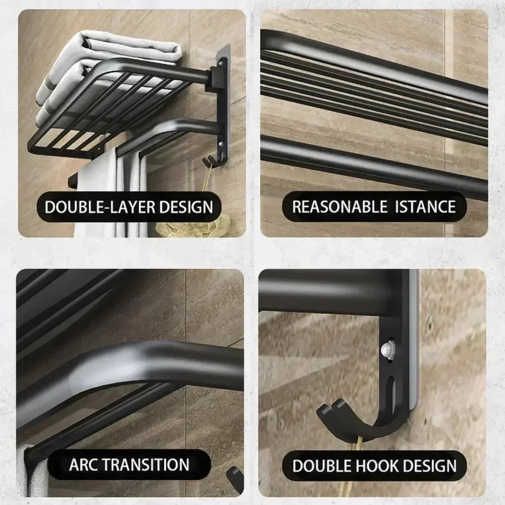 40/50/60CM No Drilling Towel Rack Fold Self-adhesive Wall Hanger Rail Bracket Black Aluminum Shower Bathroom Accessories Holder