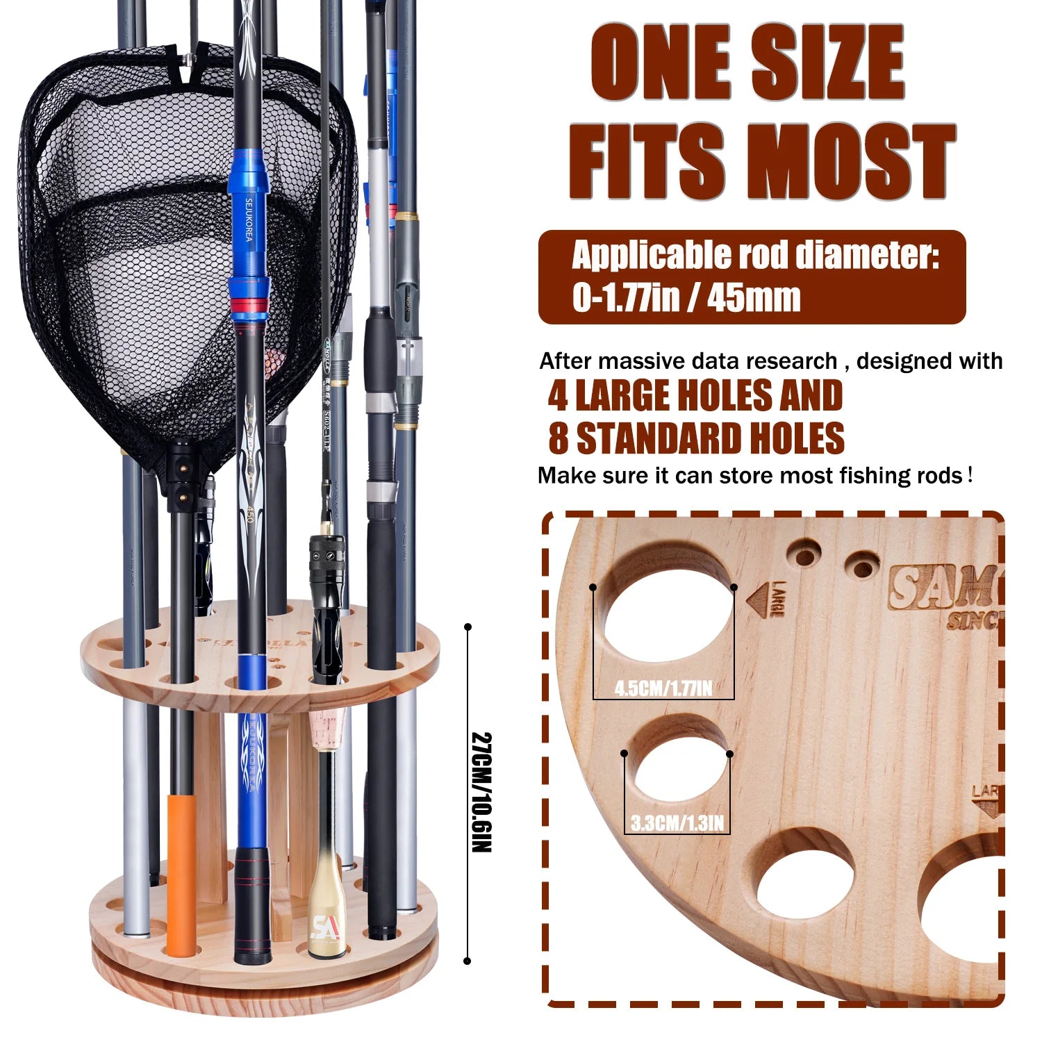 360° Rotation Wooden 12 Slots Round Fishing Rod Holder Upgrade And Strengthen Space Saving Storage Organizer Roove Fishing Gear