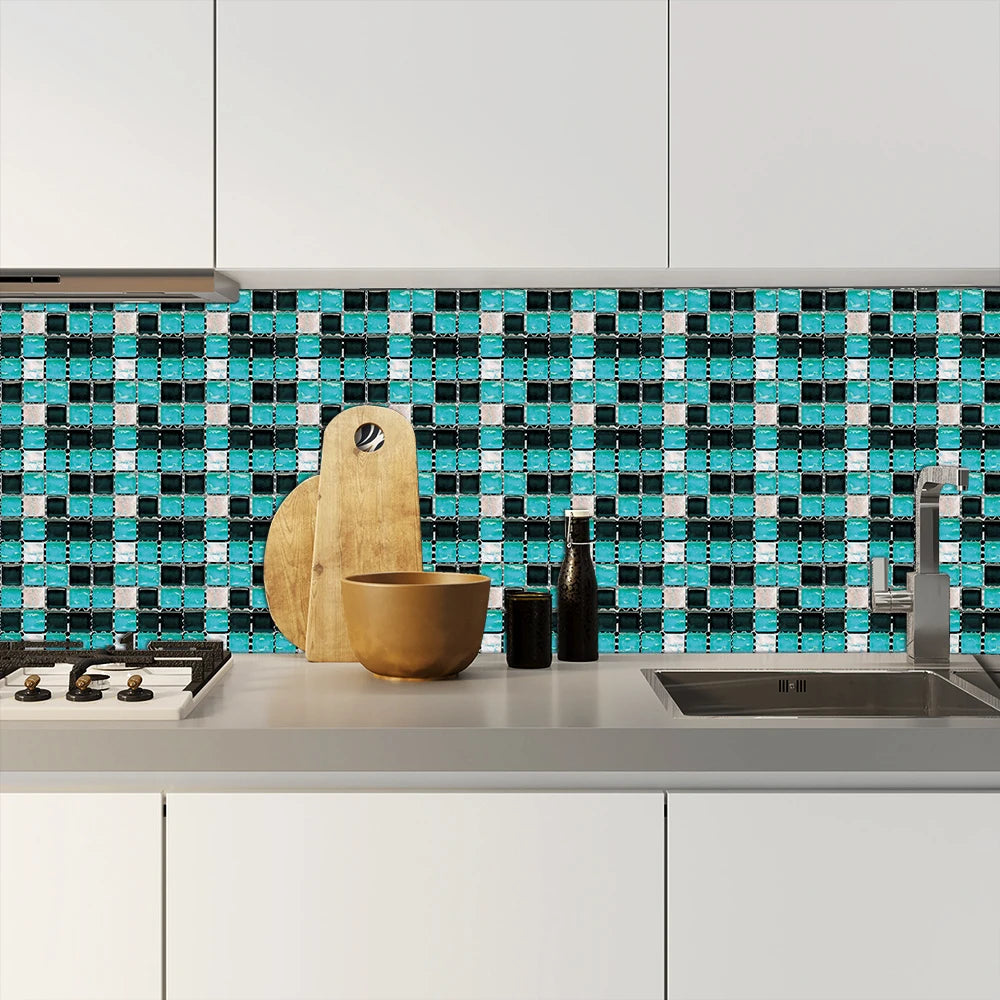 10pcs Flat Mosaic Style Tiles Sticker Kitchen Bathroom Waterproof &amp; Oilproof Art Wall Sticker Peel &amp; Stick Surface Glossy Film