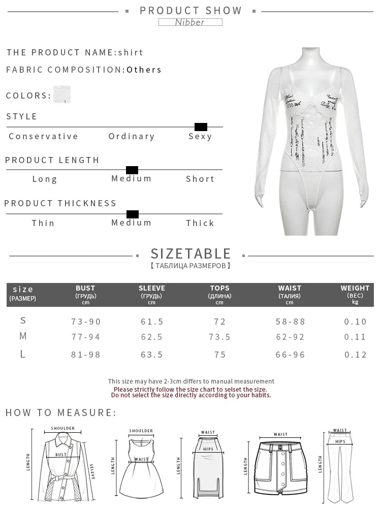 Nibber Lace up Woman Letter Print Bodysuits U Collar Hollow Out Long Sleeves Skinny Mesh Look Slimmer Korean Hottie Outfits