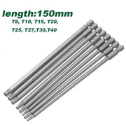 Bộ 8 đầu vít lục giác màu bạc, dài 150mm, kích cỡ từ T8 đến T40, chữ xanh lá phía trên.