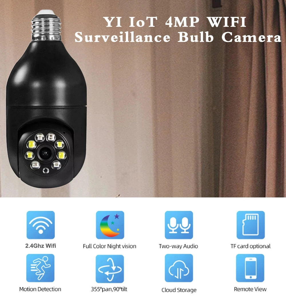 YI IOT 2.4G Wifi Bulb Camera 4MP Full Color Night Vision E27 IP Camera Two Way Audio Auto Tracking Smart Home Security Camera