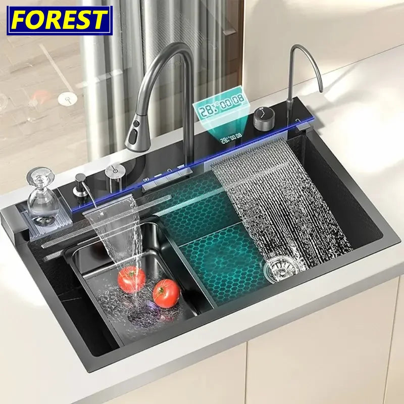 Chậu Rửa Bát Tự Động 304 Đen Nano Vòi Thác Kép Piano - Daisan Mart