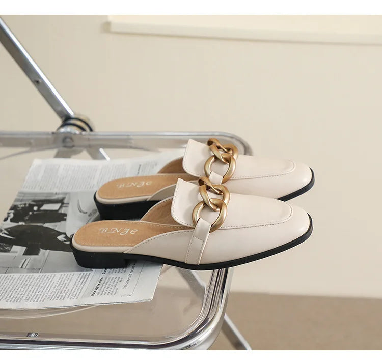 Women's Fashion Mules - Square Toe Black and White Chain