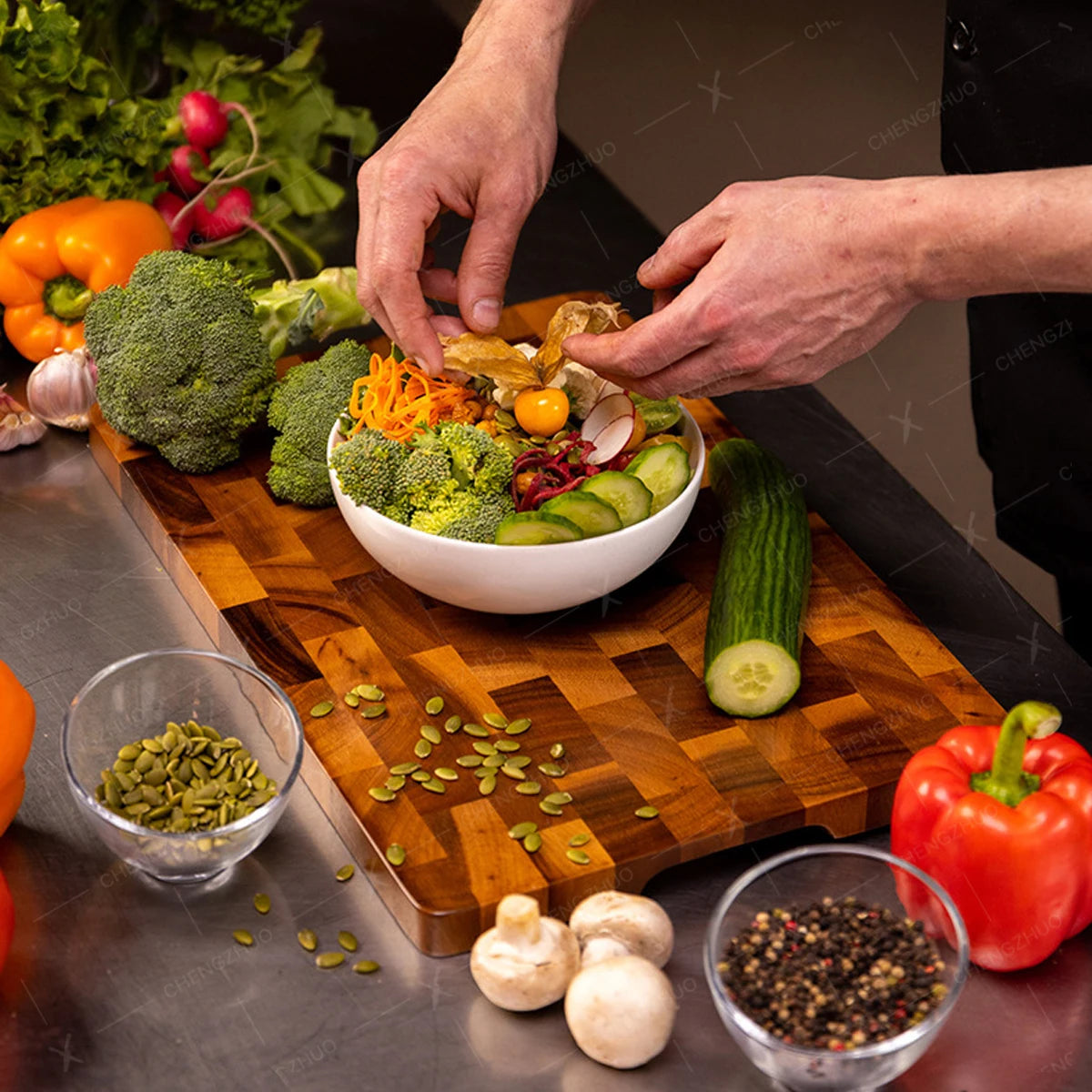 2-Sided Moisture-Proof Wooden Cutting Board + Stainless Steel Kitchen Knives and Cutlery