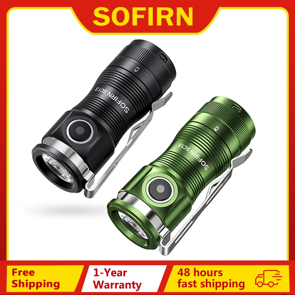 Hai đèn pin Sofirn, một đen, một xanh lá, thiết kế nhỏ gọn, có kẹp kim loại.