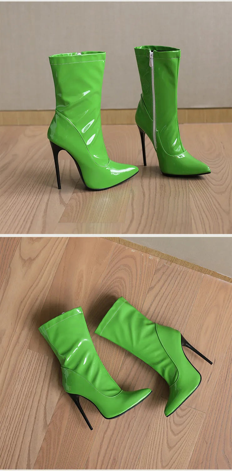 Women's Pointed Toe, Short Cut, Elegant Pointed Heel Patent Leather Boots