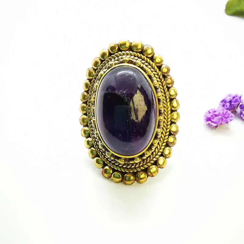 Large Oval Natural Stone Gold Plated Semi-Precious Stone Ring R230
