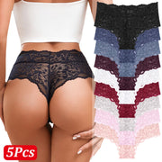5PCS Women's Sexy Lace Star High Waist Thongs Solid Color Hollow Out Transparents Underwear Female Perspective G-strings S-XXL
