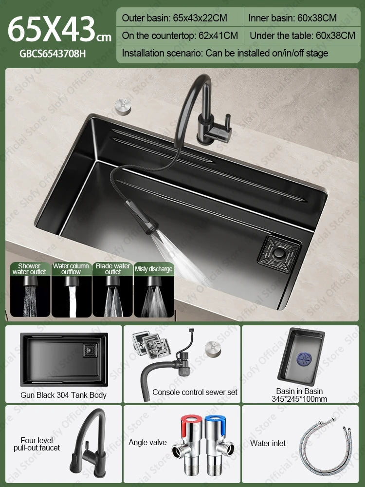 304 Stainless Steel Kitchen Sink Black Single Bowl Thickened Material Wear-Resistant Vegetable Workstation Drainage Accessories - Daisan Mart