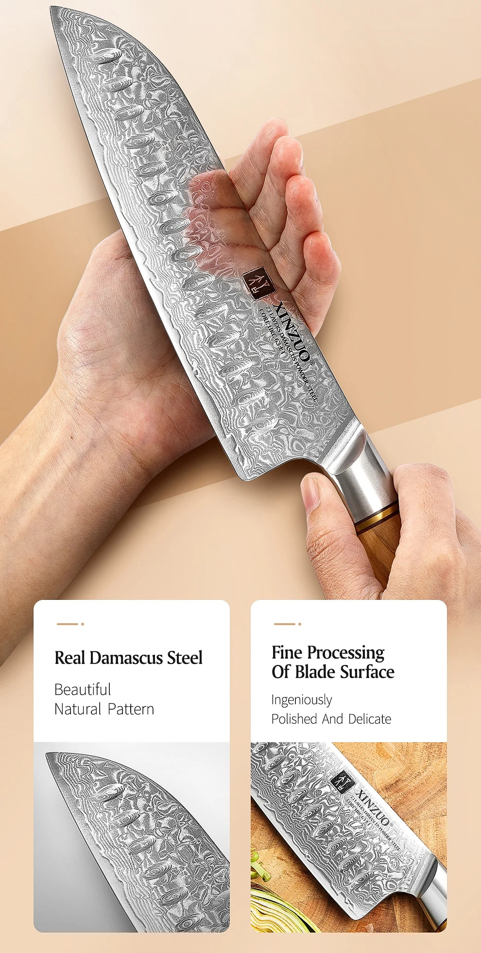 XINZUO 1PC-3PCS Damascus Japanese VG10 Steel Chef Knife Santoku Knife Utility Knife Olive Wood Handle with Copper Flower Nails - Daisan Mart