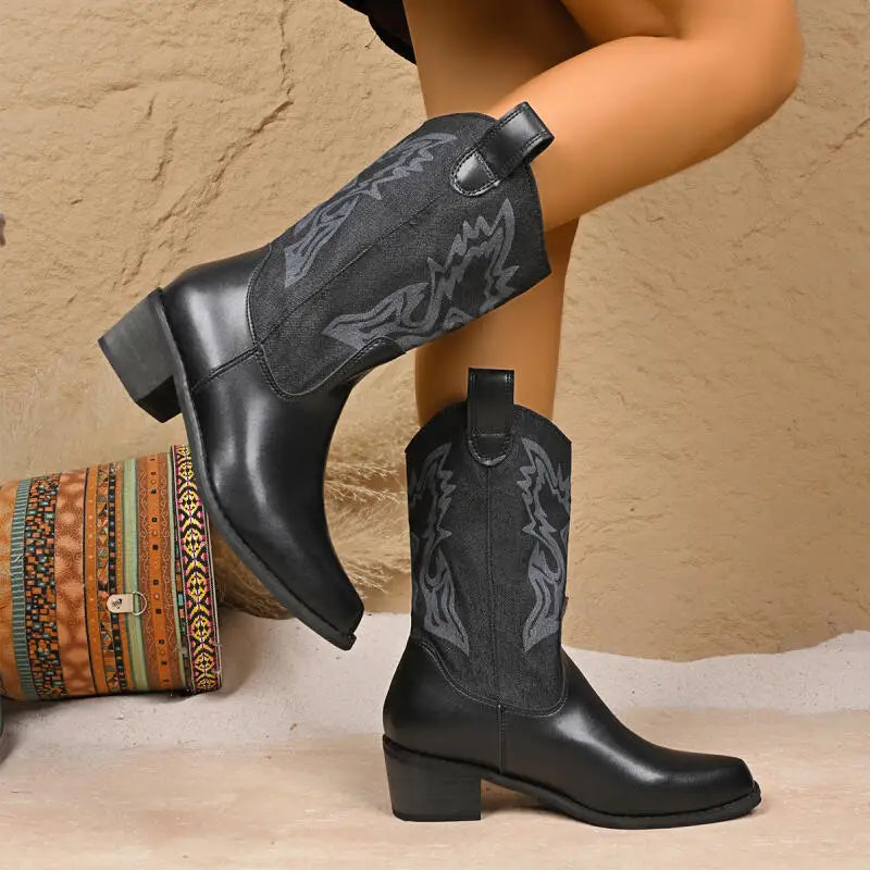 ###Bốt Da Cao Cổ Thêu Nữ 2025 - Phong Cách Viễn Tây