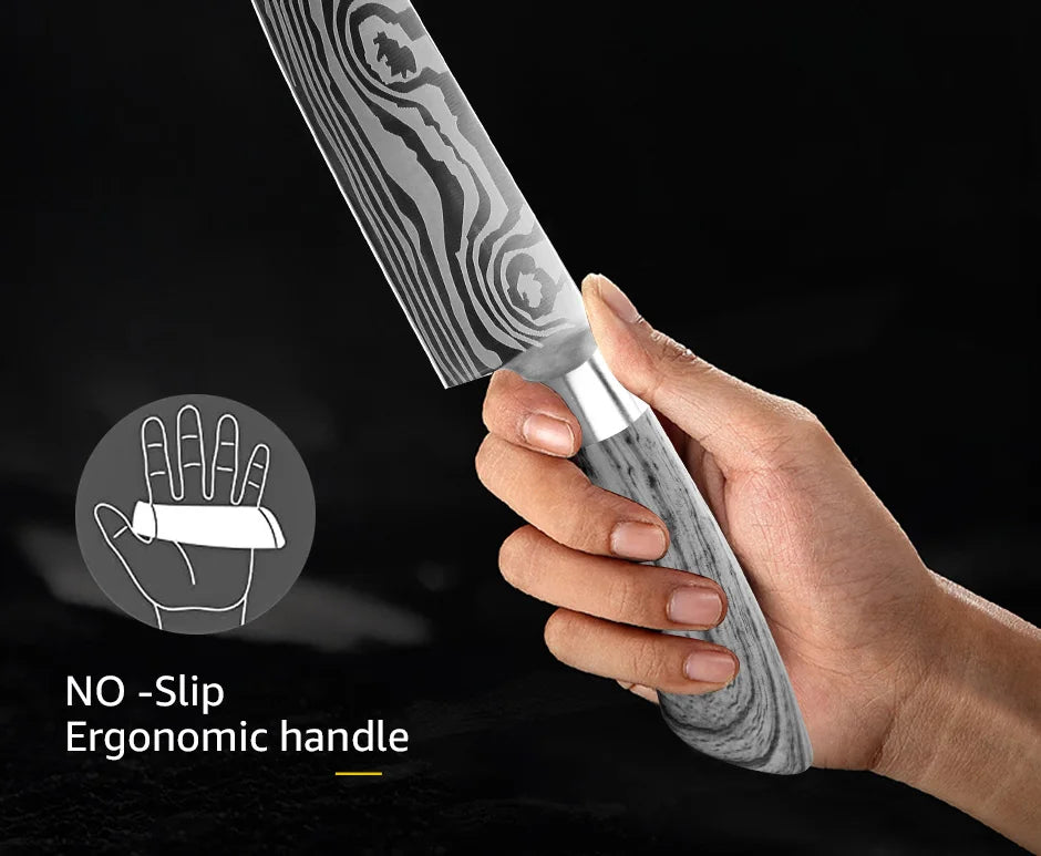 Bộ Dao Bếp Nhật Santoku 7Cr17 440C Vân Damascus