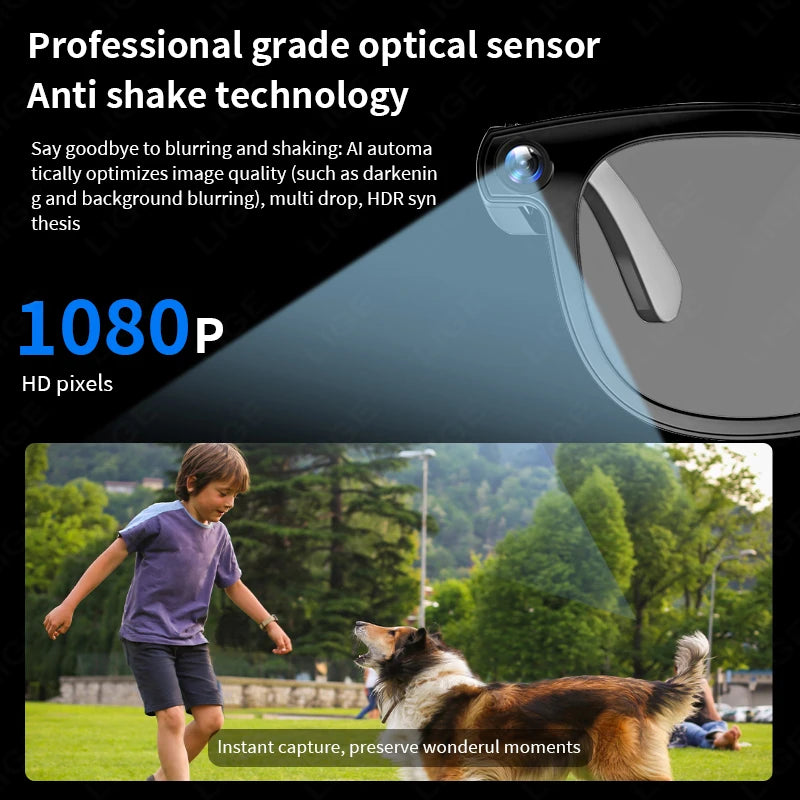 LIGE AI Smart Glasses 8MP HD Camera Video Bluetooth Call 270mAh Voice Control Identify Objects Translate Sunglasses Lenses Gifts