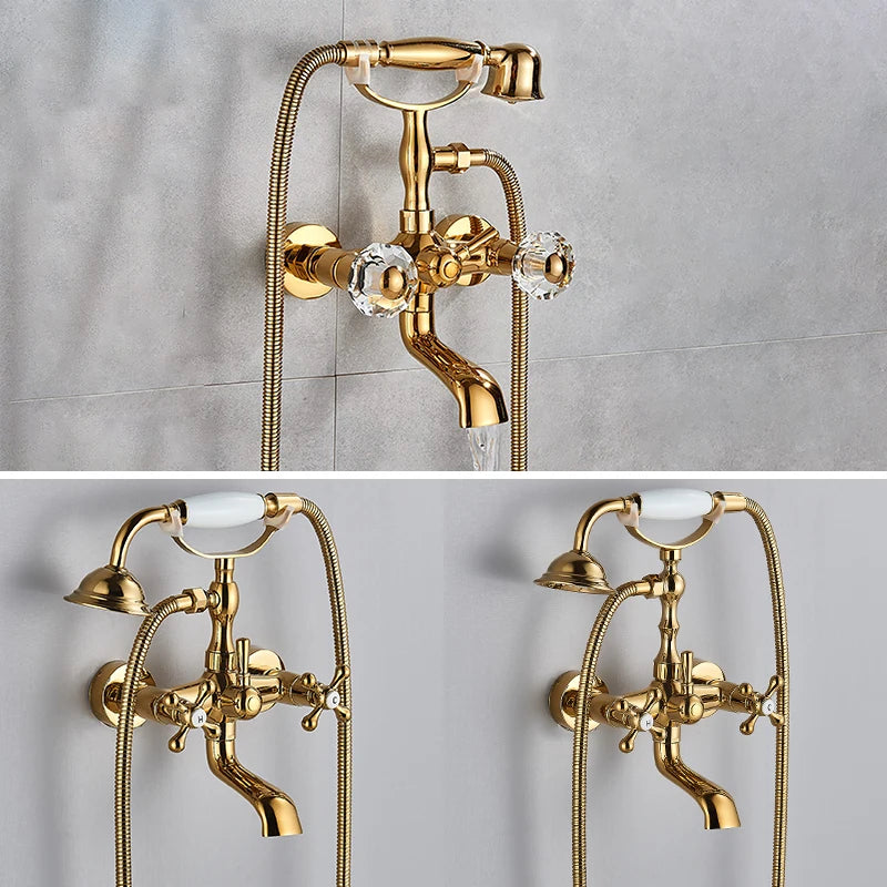 Telephone Style Golden Waterfall Bathtub Faucet Bathroom Brass Bath Faucets Waterfall Rotatb Spout Hot&amp;Cold water Shower tap set