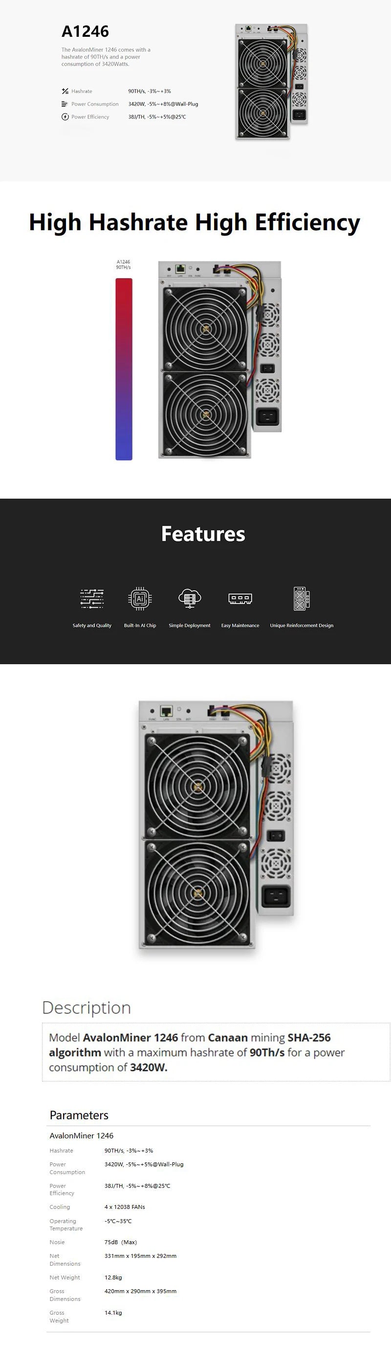 ASIC BTC Miner Avalon A1246 90Th/s 3420W Crypto Bitcoin Mining Rig ASIC Avalon BTC Miner A1246 Bitcoin Miner Than Antminer S19 - Daisan Mart