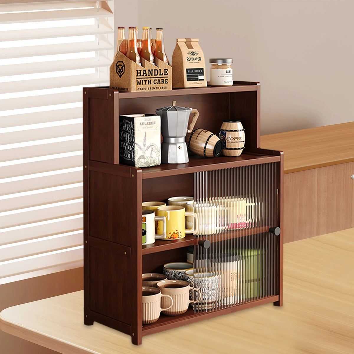 Bamboo Kitchen Cabinet 1/2/3 Layers Acrylic Door, Spice &amp; Bowl Storage