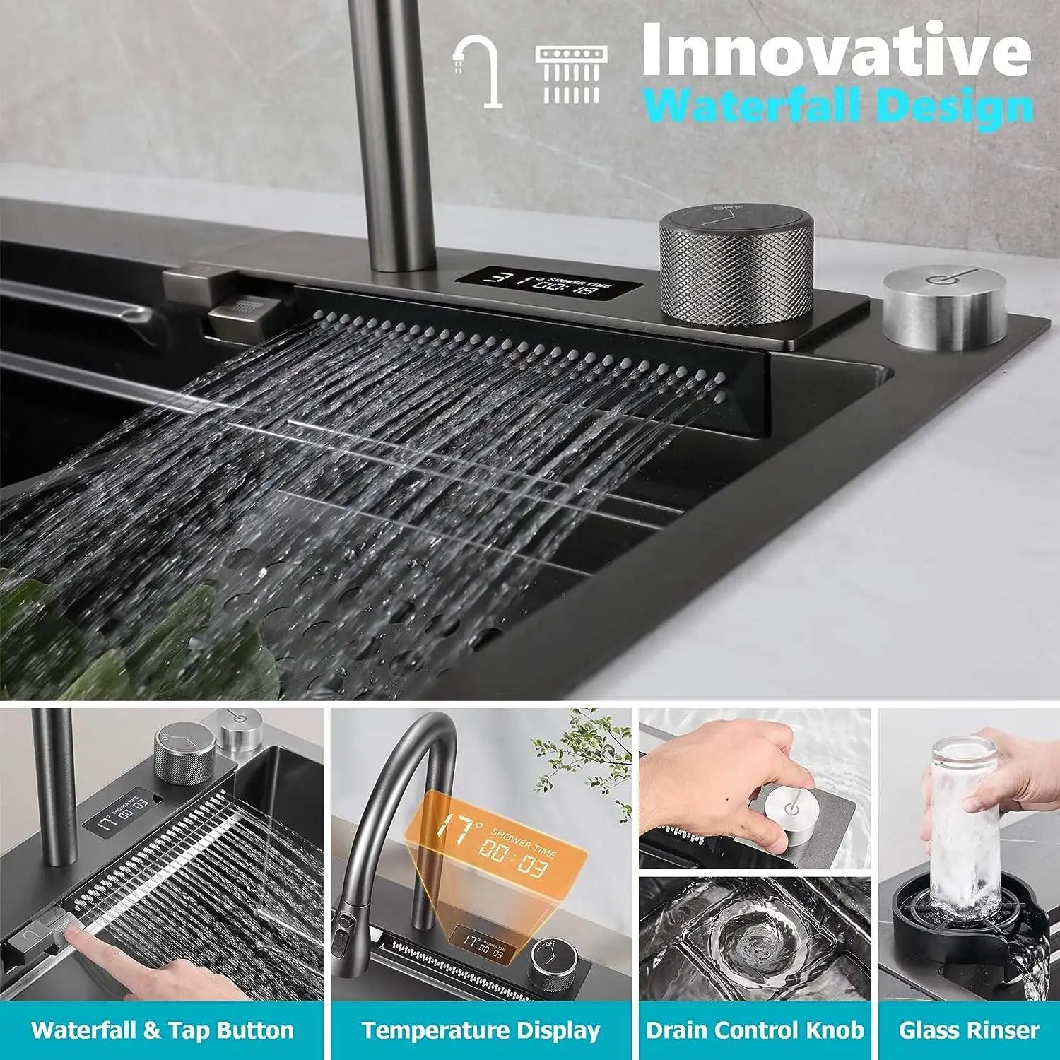 Gunmetal Gray Smart Sink LED Temperature With Faucet