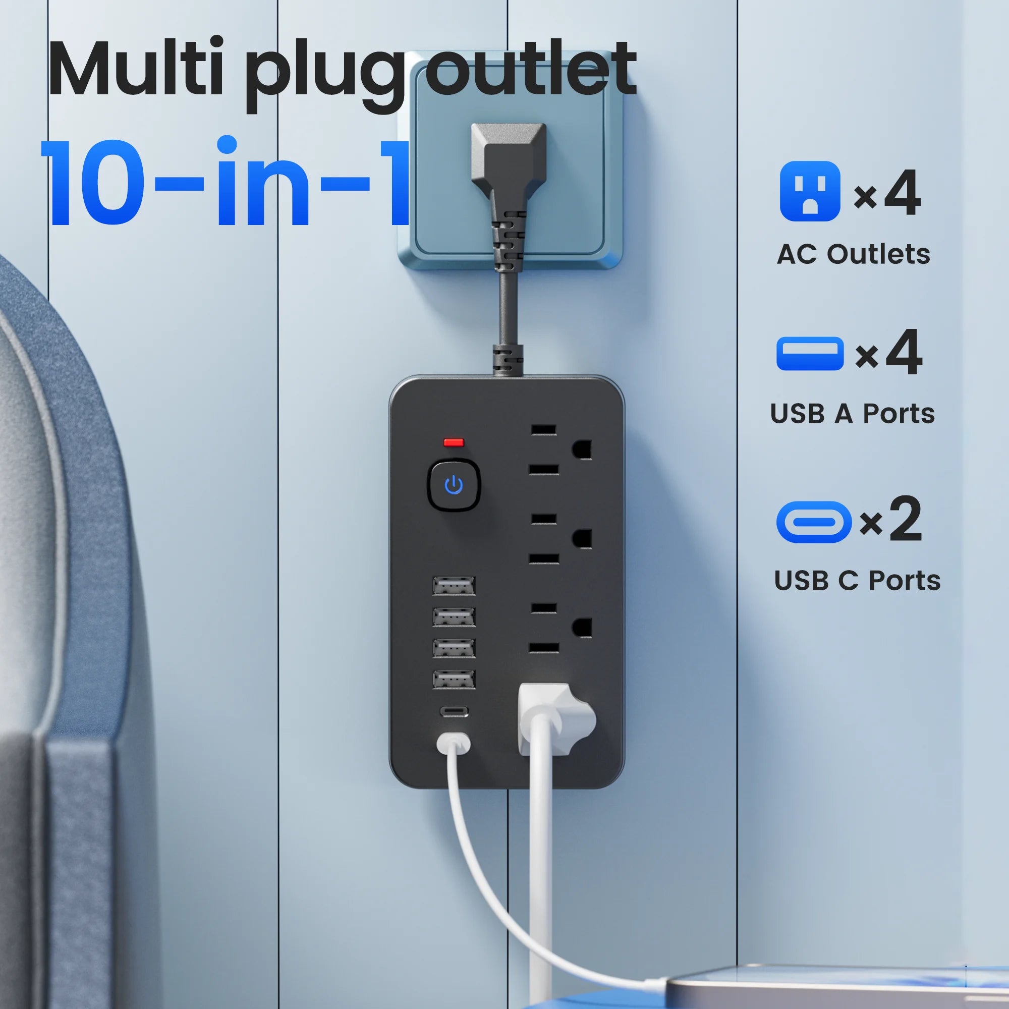 Ổ Điện 10in1 Đa Năng, 4 USB-C, Chống Sét, Bảo Vệ An Toàn