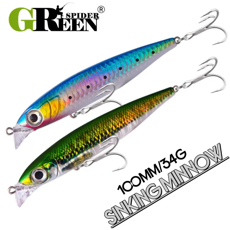 GREENSPIDER Sinking Minnow 100mm 34g Wobbler Pesca Swimbait Long Cast Tackle Pike Fishhook Sea Fishing Lure Jerkbait