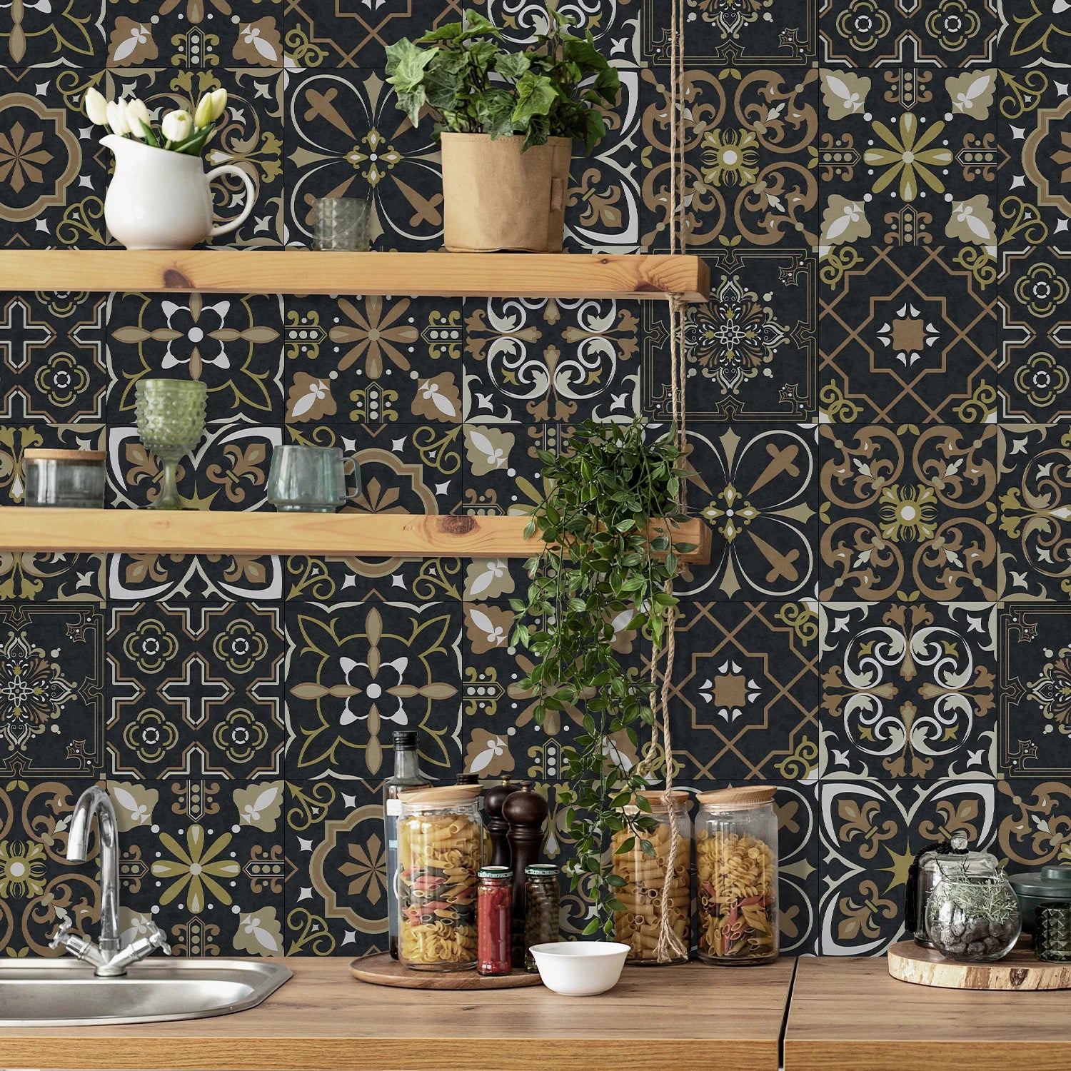 24 pieces of Mandala Pattern Glossy Self-adhesive Tile Stickers for Kitchen and Bathroom Removable Waterproof 3D Wall Decal