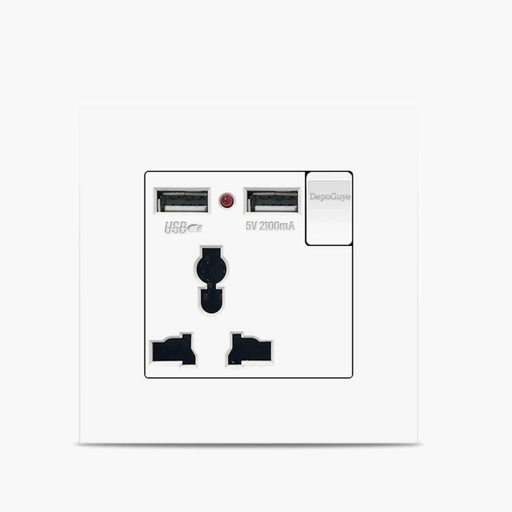 Universal 18W Type-C Plug Quick Charging Dual 3-pin Power Socket 220V,Wall electrical Socket with DC 5V 3.1A Type-c USB Charger