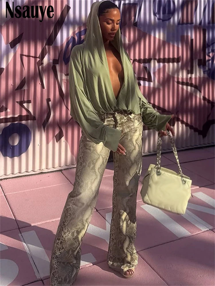 Nsauye 2025 Autumn Winter New Women Sexy Long Sleeve Hooded Bodysuit Streetwear Fashion Body Tops Fashion Solid Lady Jumpsuit