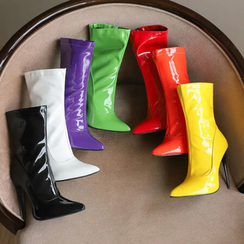Women's Pointed Toe, Short Cut, Elegant Pointed Heel Patent Leather Boots