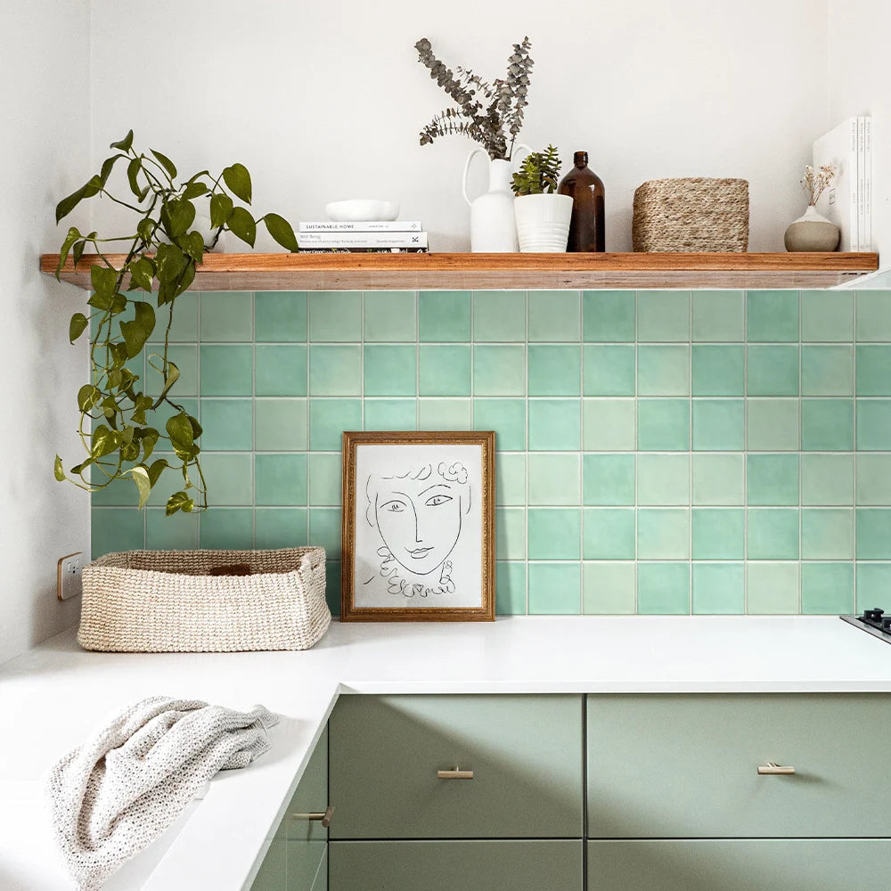 Gạch Dán Tường 3D Xanh Chống Nước Tự Dán Nhà Bếp