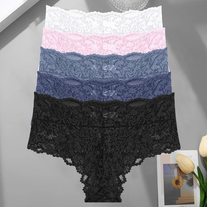 5PCS Women's Sexy Lace Star High Waist Thongs Solid Color Hollow Out Transparents Underwear Female Perspective G-strings S-XXL