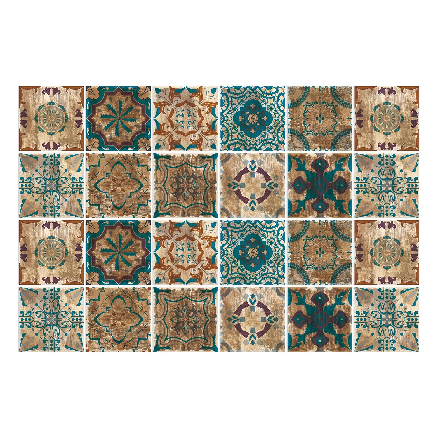 24 Pieces of Moroccan Style PVC Waterproof Self-Adhesive Wall Stickers, Peel and Stick on Living Room and Bedroom Tile Stickers