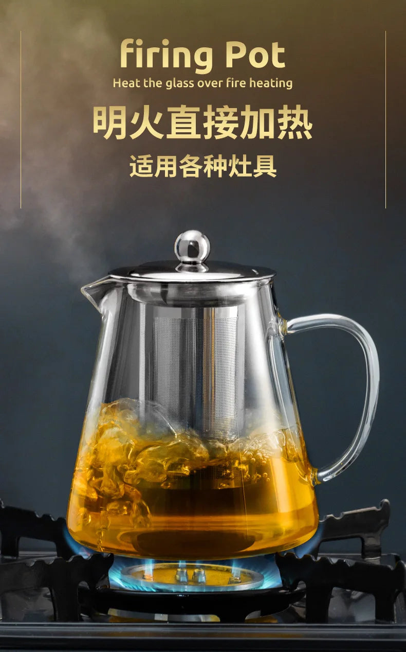 HMLOVE Heat Resistant Glass Teapot With Stainless Steel Tea Strainer Infuser Flower Kettle Kung Fu Teawear Set Puer Oolong Pot