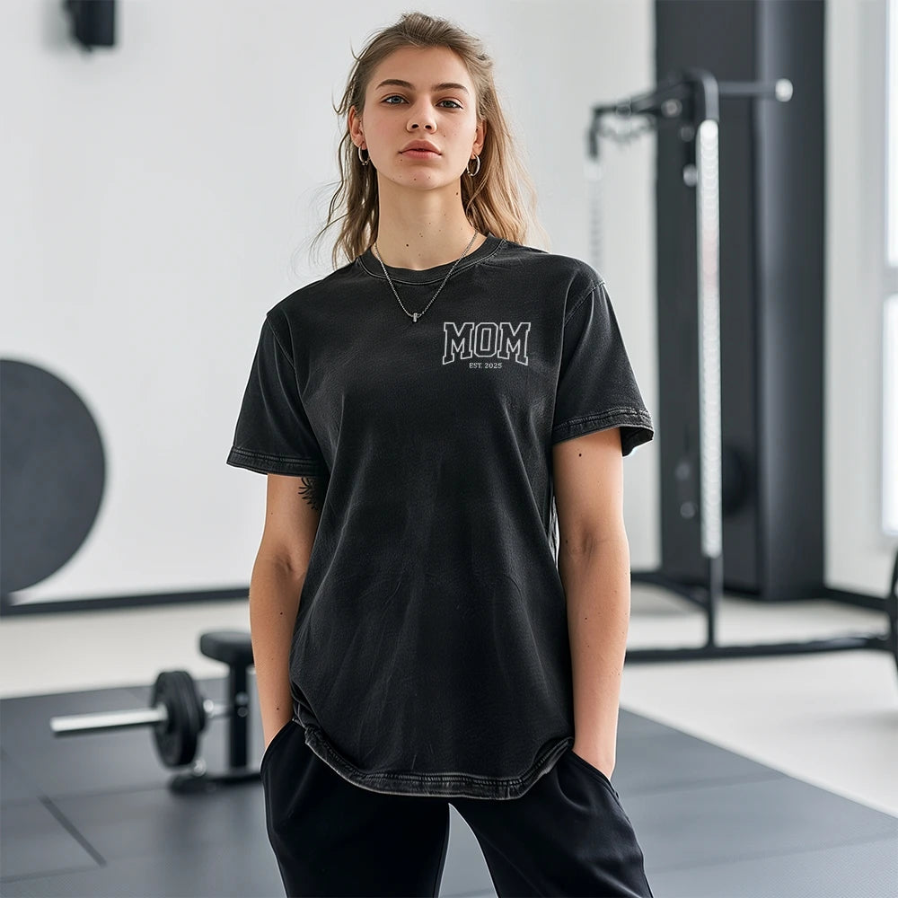 Unisex T-shirt Embroidered with MOM EST 2025 Denim Style