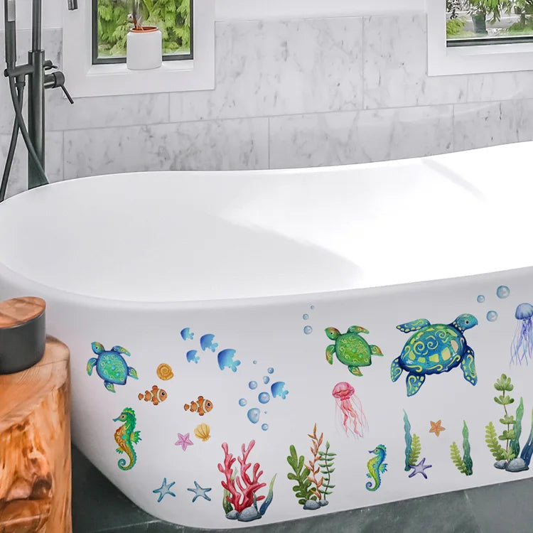 Cartoon Sea Turtle Seahorse Wall Stickers Kids Room Bathroom Decoration Mural Home Decor Self-adhesive Marine Animals Wallpaper