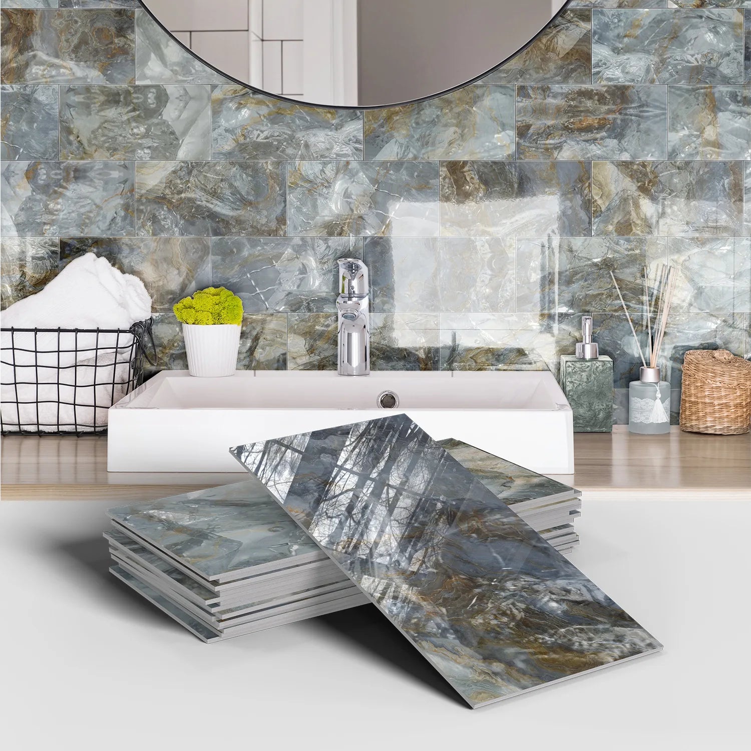 Set of 16 Waterproof Stone Pattern Foam Wall Stickers for Kitchen