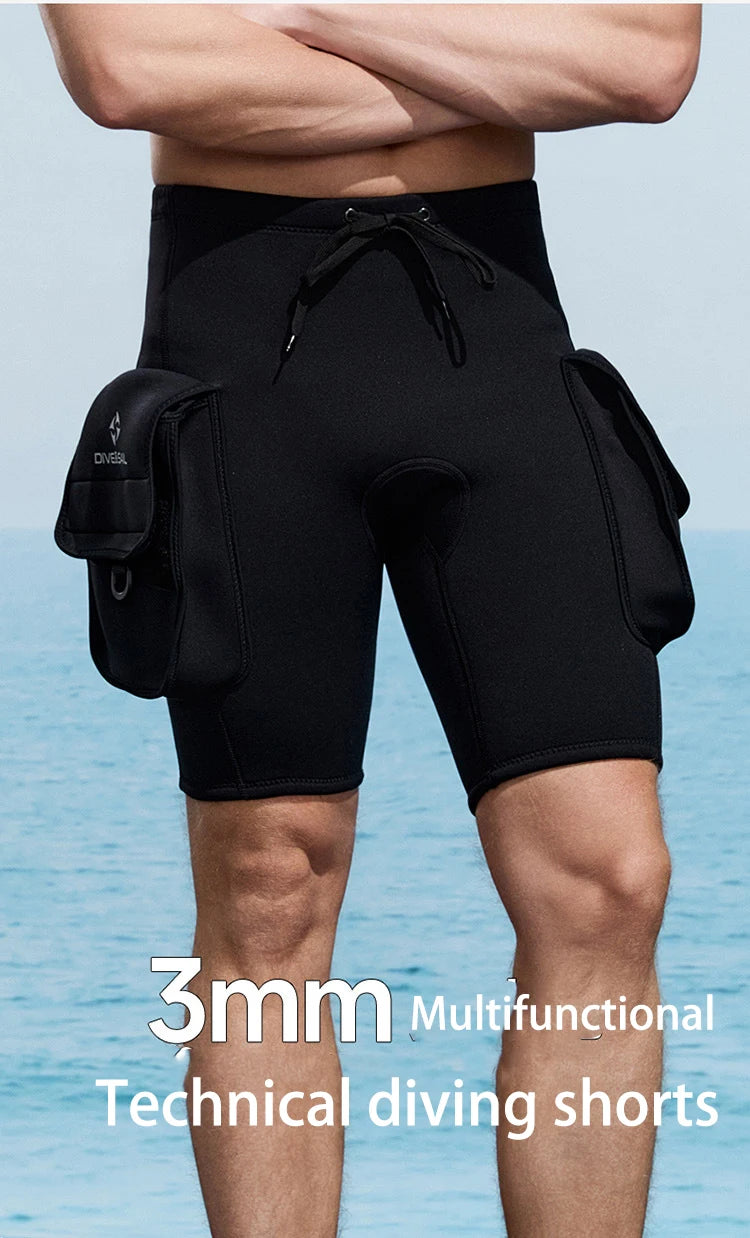 3mm Neoprene Wetsuit Tech Shorts Keep Warm Unisex Wetsuit Cargo Shorts D-Ring Buckle Leak Hole for Diving Equipment Accessories