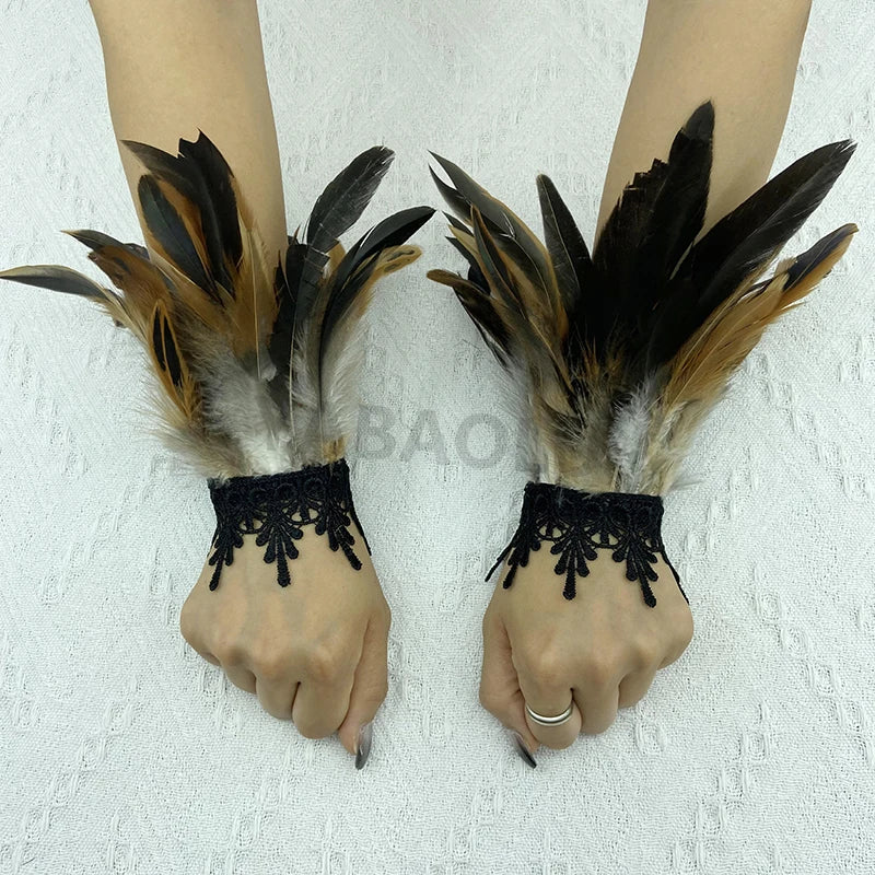 Natural Feather Sleeve Cuffs Gloves Party Cosplay Lace Wrist Cuffs Fur Sleeve Furry Accessories Carnival Stage Show Costume - Daisan Mart