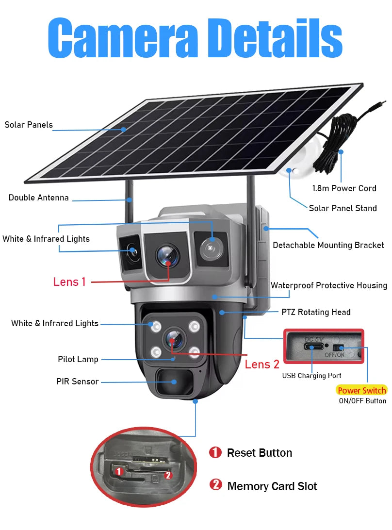 Solar PTZ Camera 12MP WiFi 10X Zoom - 3 Screens