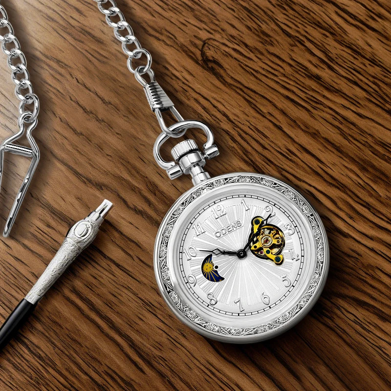 Đồng hồ cơ Mặt Trời Mặt Trăng Sao, dây xích dày đẹp.