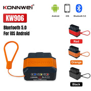 Thiết bị Konnwei KW906 màu cam với dây đeo, hỗ trợ Android, iOS, Bluetooth 5.0, có ba màu.